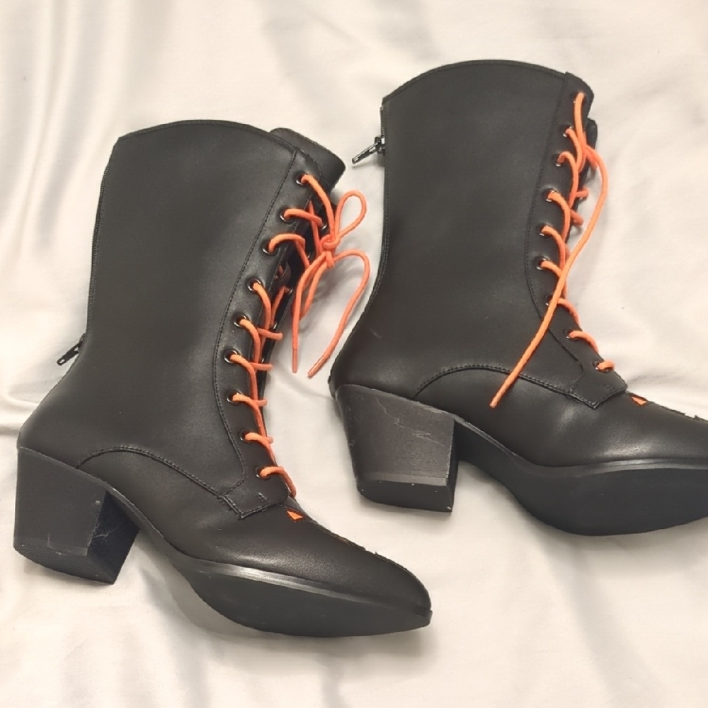 Halloween Black and Orange Scary Jack O' Lantern Lace-Up Boots - Picture 4 of 10